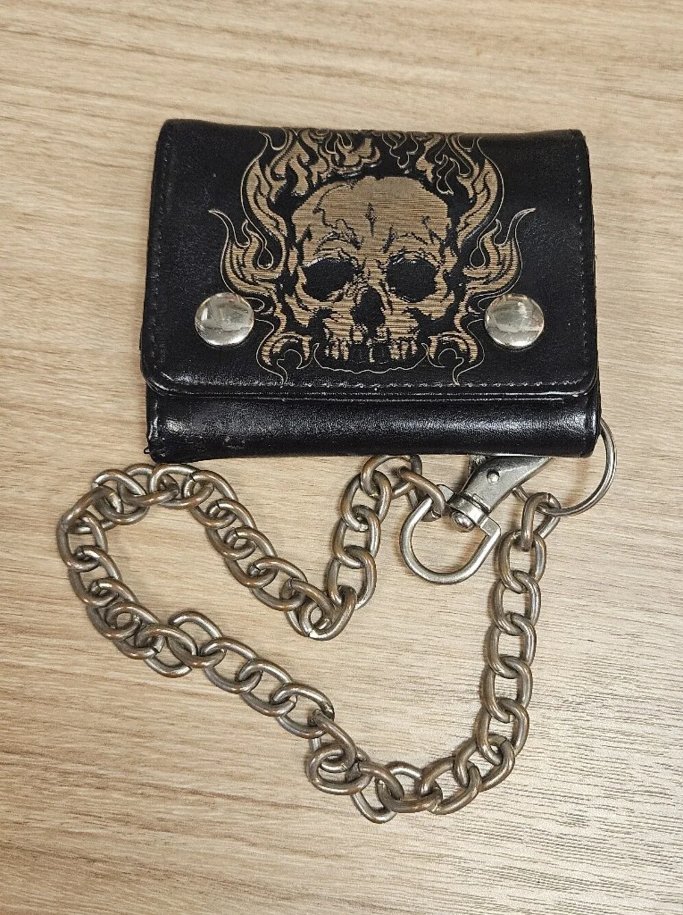 Black Skull Trifold Leather Wallet with Heavy Chain